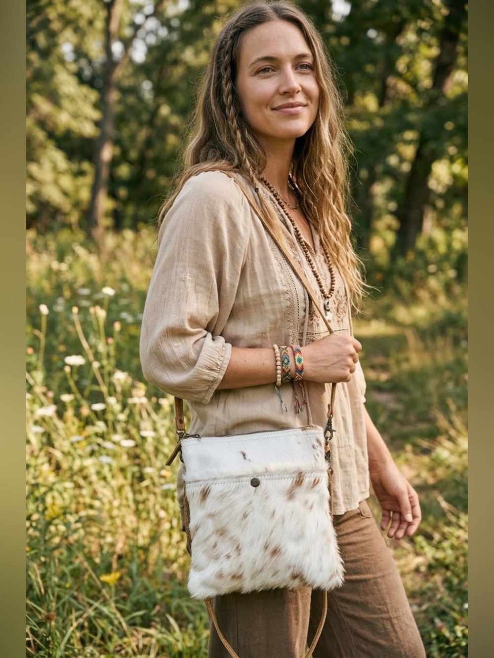 NWOT Myra Full Hair-On Cowhide 3-Compartment Crossbody Bag | Western Boho - Picture 2 of 11